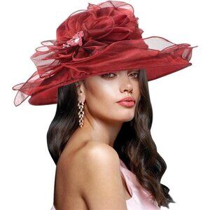 Women Organza Hats Cocktail Tea Party Wine Red